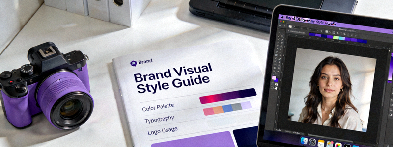 A brand style guide document next to a camera and editing software interface, showing consistent visual standards