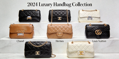 A curated display of the latest 2024 luxury handbags from top designer brands like Chanel, Hermes, and Louis Vuitton