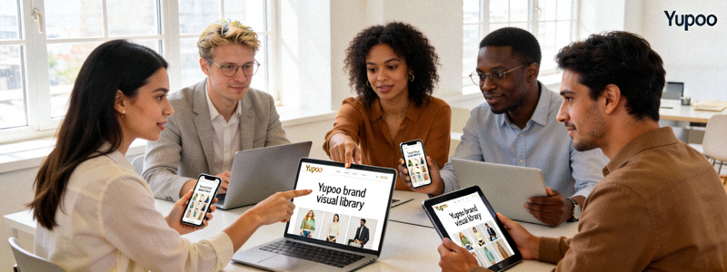 A global team from different regions collaborating and accessing the same Yupoo brand visual library on their devices