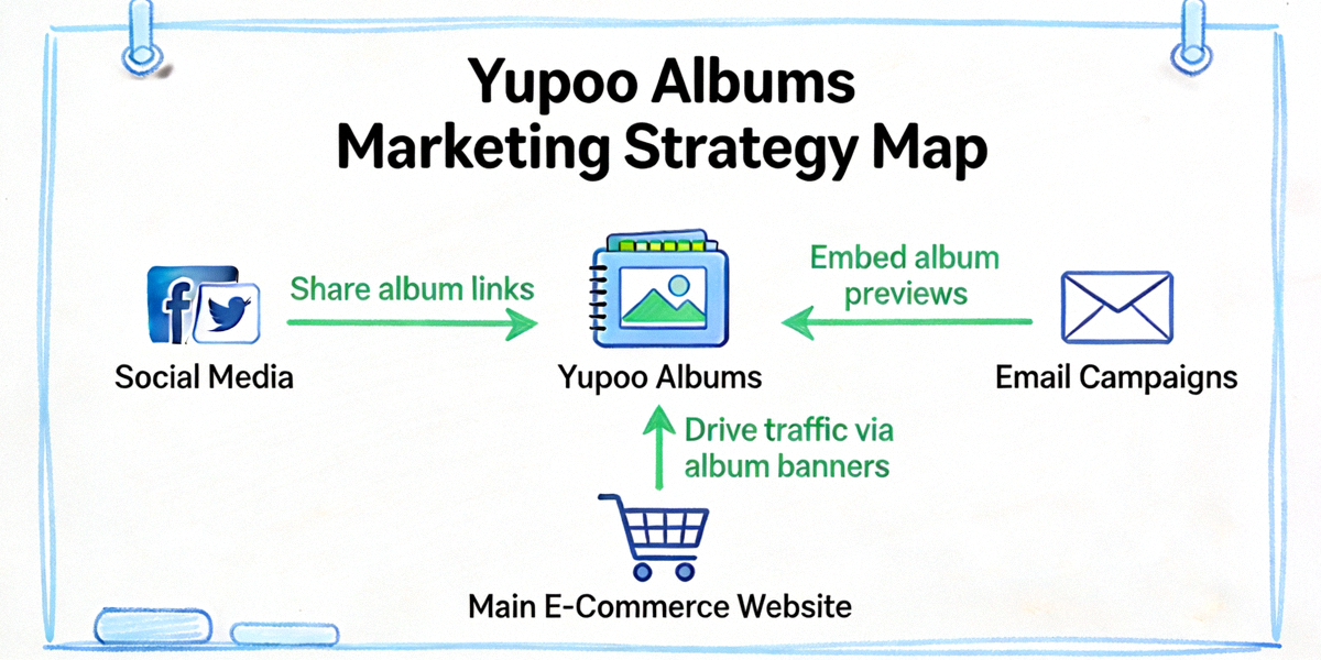 A marketing strategy whiteboard mapping out how Yupoo albums feed into social media, email campaigns, and the main e-commerce website