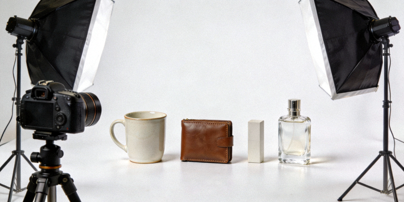 A professional photography setup with studio lights, camera, and various products arranged for consistent product shots