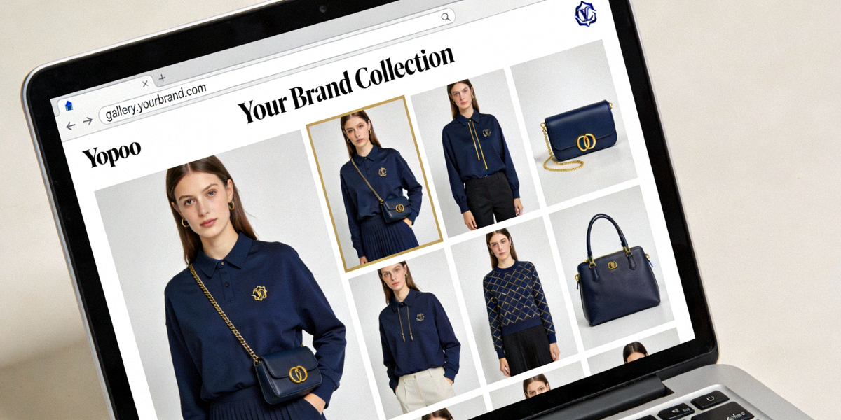 A professional website browser window showing a custom domain like gallery.yourbrand.com pointing to a Yupoo album with branded visuals