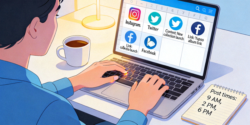 A social media manager scheduling posts that include Yupoo album links across multiple platforms on a digital calendar