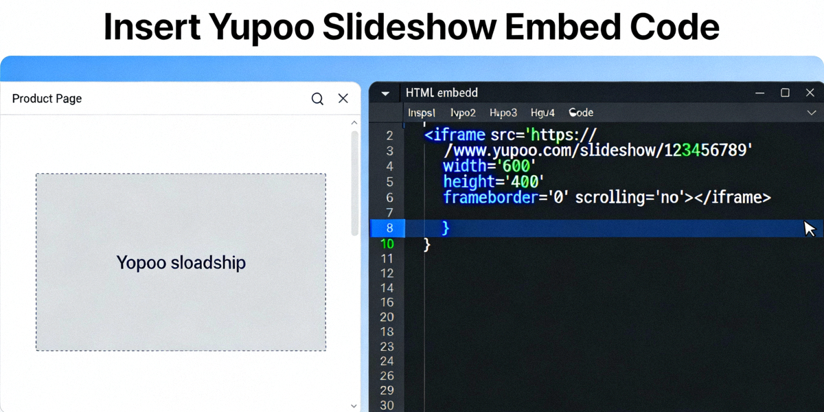 A website editor interface showing the embed code for a Yupoo slideshow being inserted into a product page