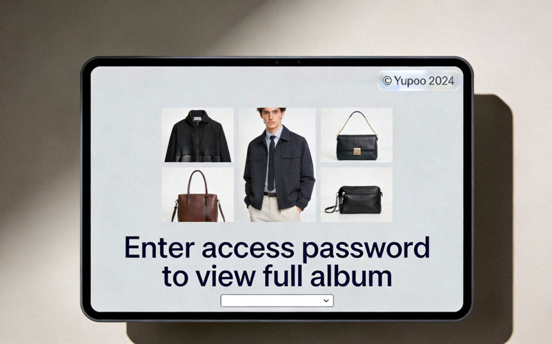 A Yupoo album image displaying a discreet watermark in the corner and a password entry prompt for secure access