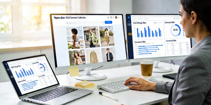 An e-commerce professional analyzing product display performance on multiple screens with Yupoo albums open
