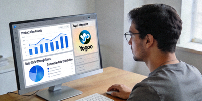 An e-commerce seller analyzing product display analytics on a dashboard with Yupoo integration