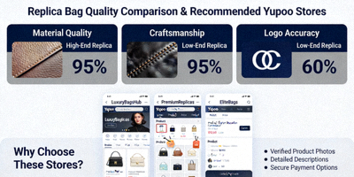 An infographic guide comparing replica bag quality, pointing to recommended Yupoo store interfaces