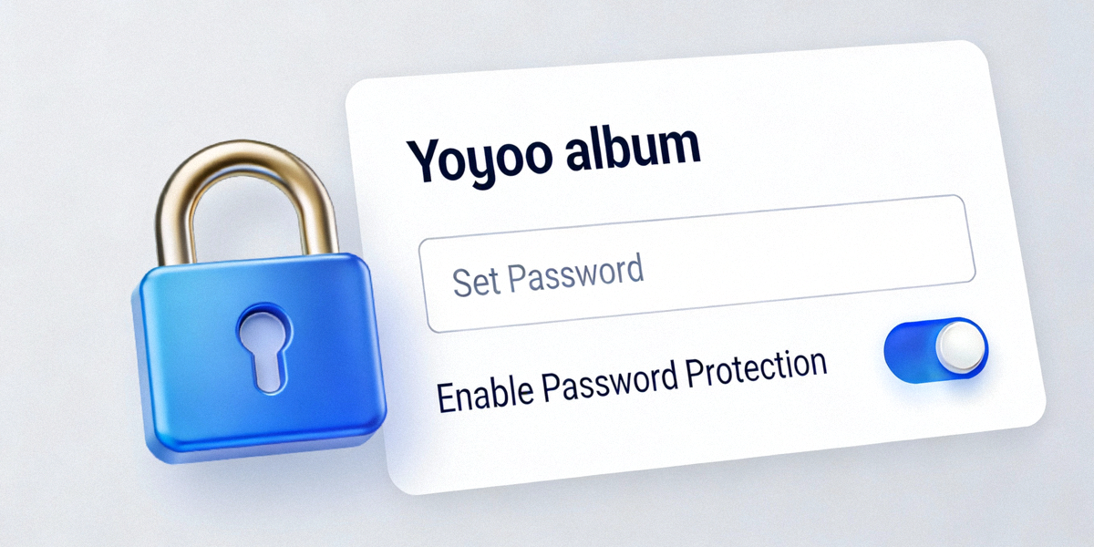Close-up view of a secure lock icon overlaid on a Yupoo album privacy settings panel, showing options for password protection