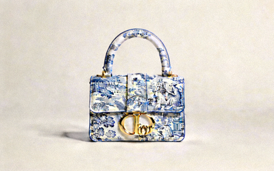 Dior Book Tote Small Toile de Jouy Embroidery in blue and white pattern structured tote