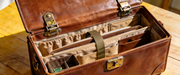 复古医生公文包实拍，展示翻盖搭扣和内部丰富的收纳空间