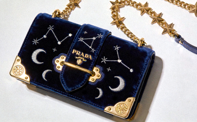 Prada Cahier Small Astrology Velvet with metal corners and chain strap celestial themed bag