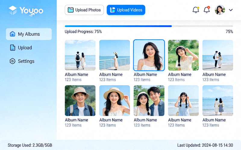 Screenshot of the Yupoo user interface dashboard showing album organization and upload options