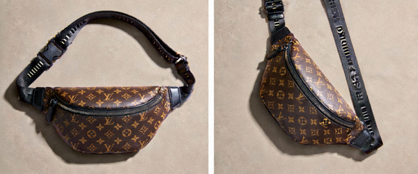 设计师品牌logo印花腰包实拍，展示可转换为斜挎包的双重背法