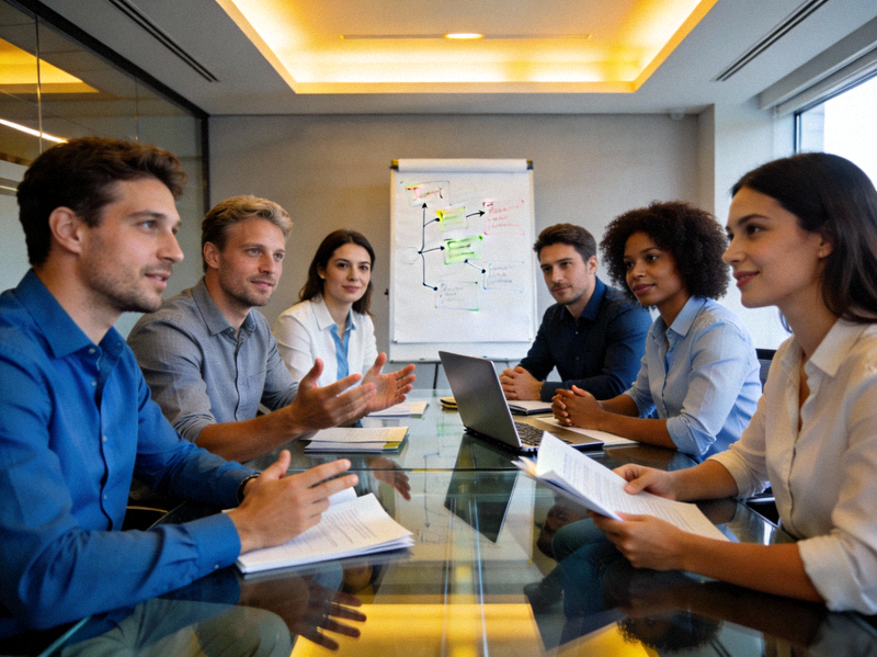 Team of professionals discussing business strategies around a laptop showing a Yupoo album