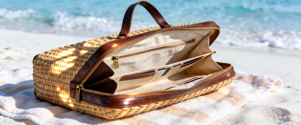 藤编拼接皮革手拿包实拍，展示夏季度假风格和内部分层