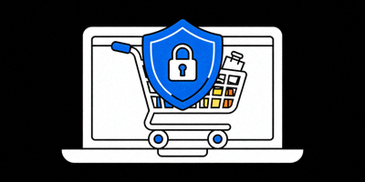 一个安全盾牌图标保护着在线购物车，象征安全的交易流程