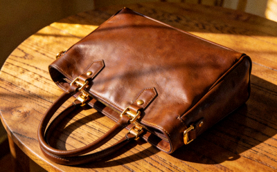 Classic brown leather tote bag with dual handles and gold-tone hardware on a wooden table