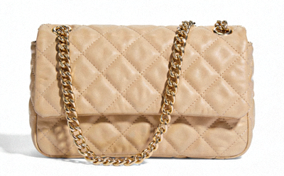 Designer Inspired Quilted Crossbody Shoulder Bag in beige with chain strap