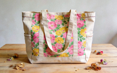 Eco-Friendly Canvas Tote Bag with floral print and long handles for comfortable carrying