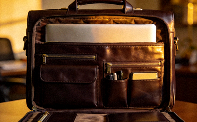 Professional leather laptop briefcase with a padded compartment and multiple organizational pockets