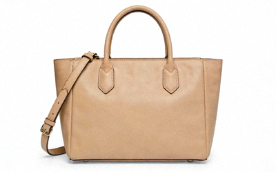 Structured beige replica handbag with top handle and detachable shoulder strap on a white background