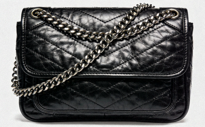 Structured black leather crossbody bag with a chain strap and quilted detailing