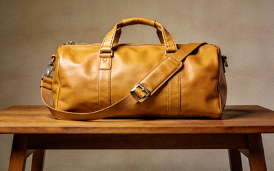 Stylish leather duffel bag with reinforced handles and a removable shoulder strap for gym or travel