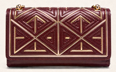 Embellished Box Clutch Bag in burgundy with geometric patterns and metallic accents