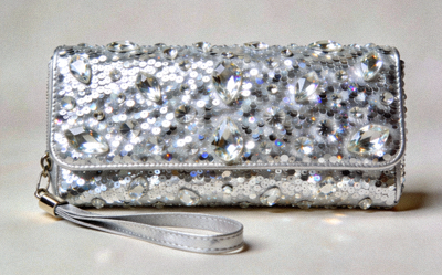 Evening Sequin Clutch Bag in silver with crystal embellishments and detachable wrist strap