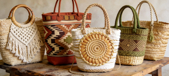 Artisanal woven handbags featuring traditional techniques and natural fibers from global craftspeople