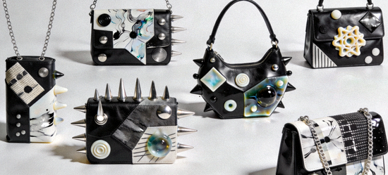 Avant-garde statement handbags with unconventional shapes, mixed materials, and artistic expressions